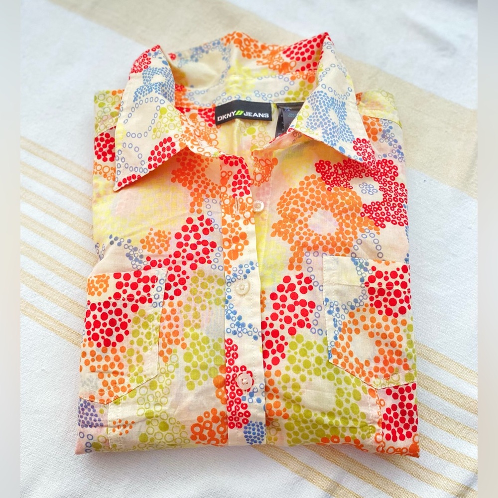 DKNY UNWORN Retro Floral Lightweight Multicolor Pocket Blouse